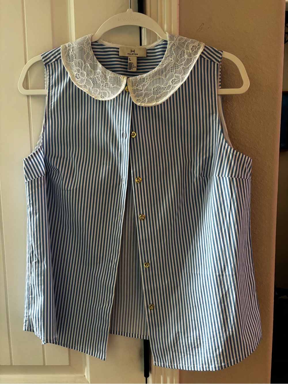Halston Heritage Blue & White Striped Sleeveless Top with Lace Collar